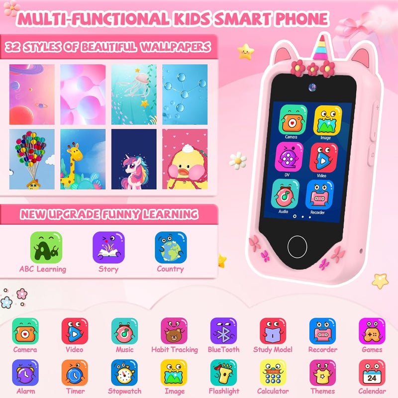 Yosfeng Kids Smart Phone for Girls Gifts - Toddler Christmas Birthday Gift for Age 3 4 5 6 Year Old, Kids Cell Phone Toy with Touchscreen, Dual Cameras, Learning, Kid Mp3 Player, Games with 32 GB Card - Image 2